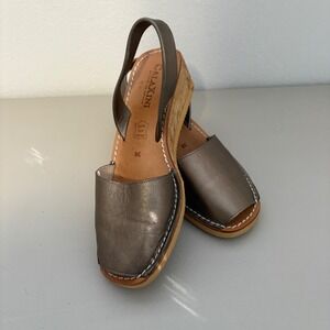 Calaxini Wedge Sandals Metallic Pewter Leather Slingback Peep Toe Sz 38 US 7.5